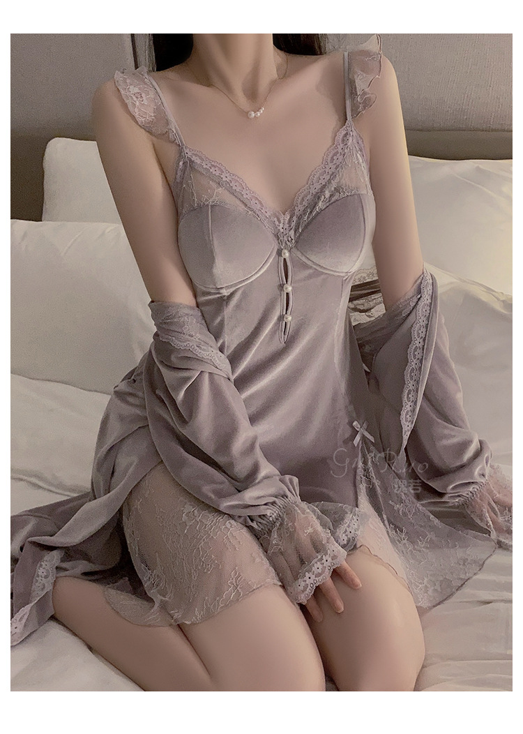 A seductive lace see-through deep V with a chest cushion, a sweet sleeping dress, an outer robe and velvet home wear set 3908 pic 19