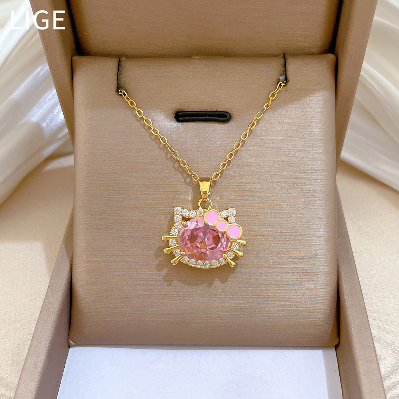 【钛钢】粉色猫咪蝴蝶结轻奢气质华丽满钻项链女百搭锁骨钛钢链详情6