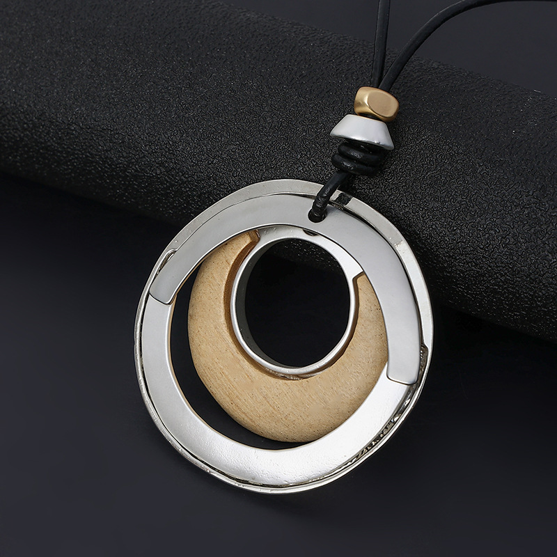 跨境亚马逊爆款欧美外贸木头圆形饰品秋冬女士时尚简约项链毛衣链详情10