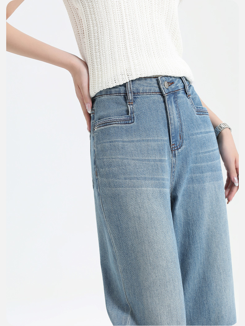 Petite 9-inch straight pipe pants with embroidered stretch in light blue, fashionable commuting pear-shaped high-waisted baguette pants that look slimming pic 10