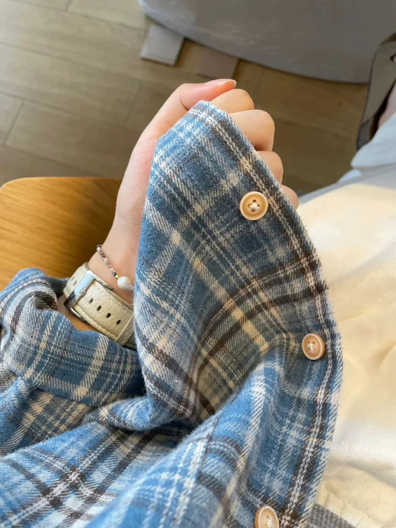 法式蓝色格子棉质长袖衬衫外套女春秋季新爆款早秋气质上衣设计感详情6