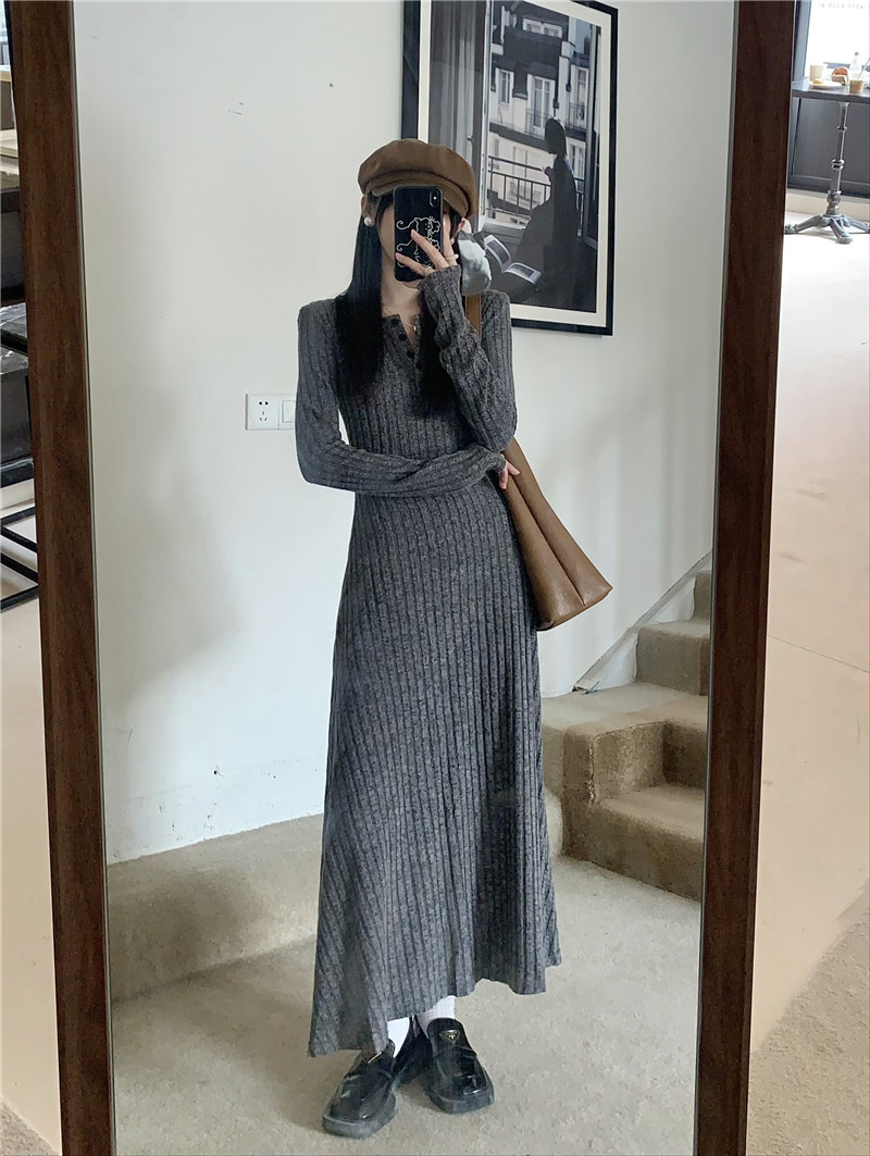 Retro, simple and versatile knitted long-sleeved dress for women, spring waist-cinching and slimming A-line dress, new autumn and winter base long dress pic 42