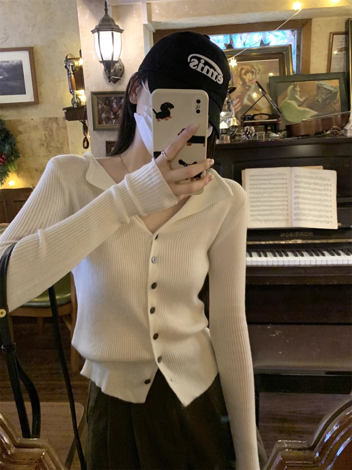 法式翻领长袖针织开衫女秋季2024新款小众设计感修身打底短款上衣详情5