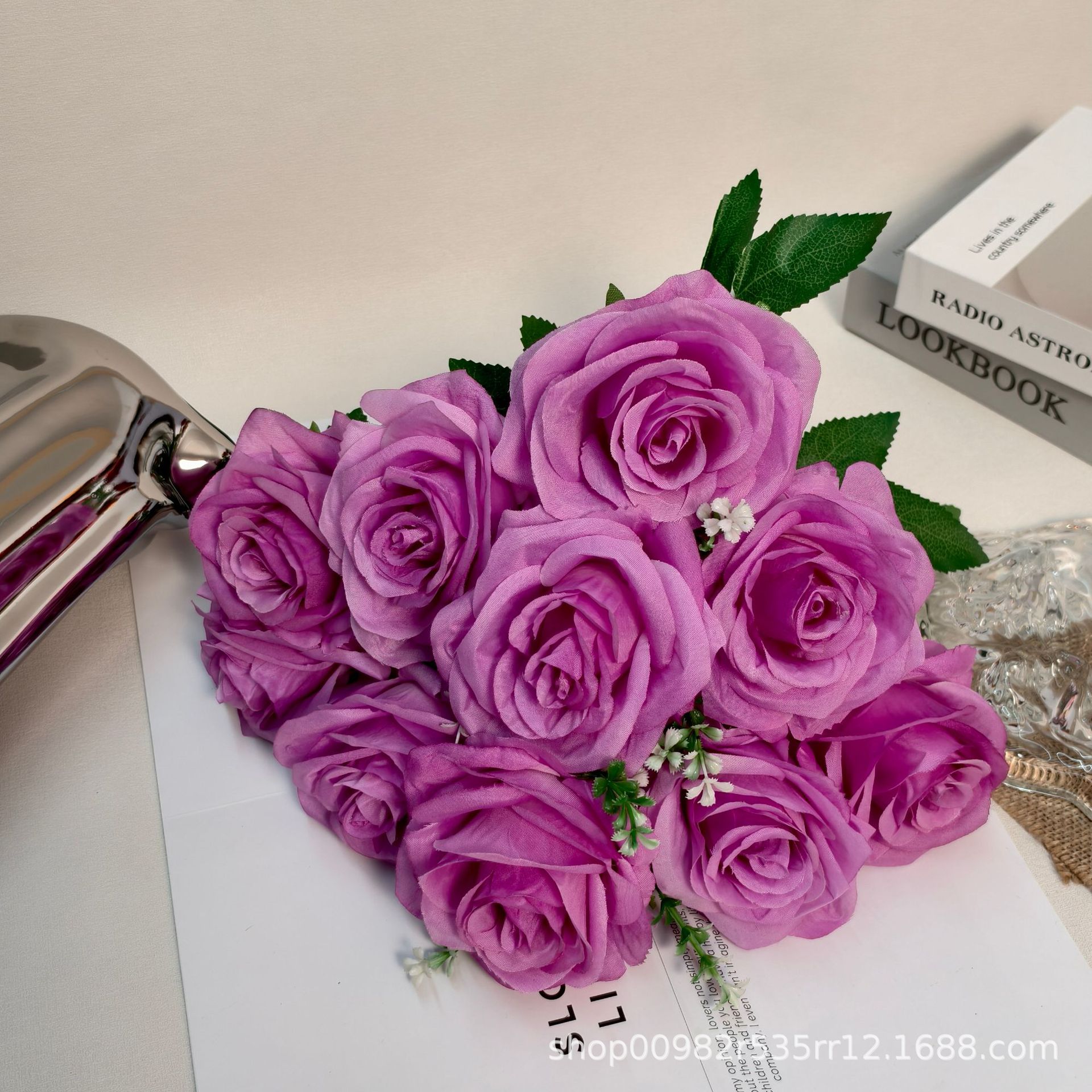 厂家批发10头玫瑰仿真花婚庆婚礼堂装饰玫瑰花假花外贸跨境西洋玫详情10