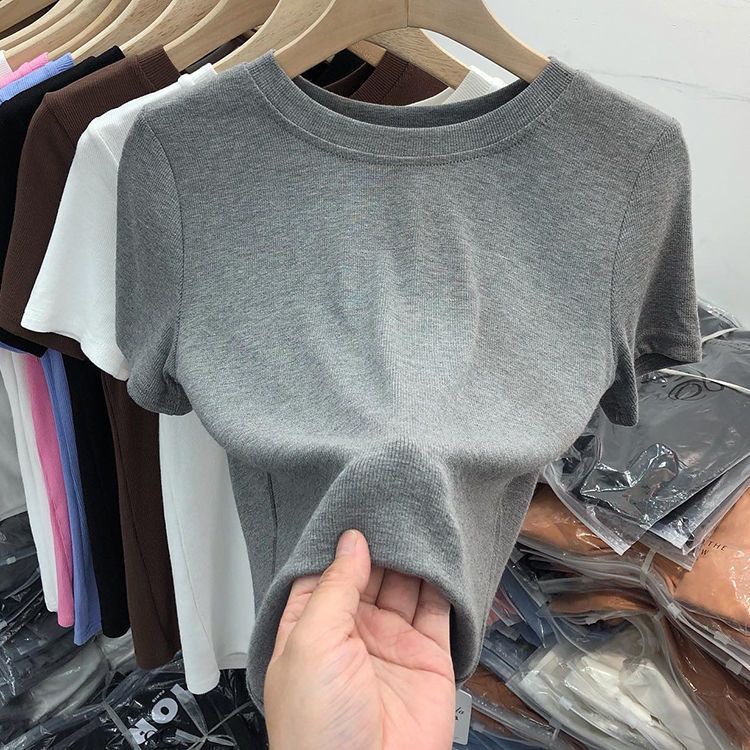 纯色面膜T恤女短袖2024年夏季新款法式修身显瘦设计感打底衫上衣详情19