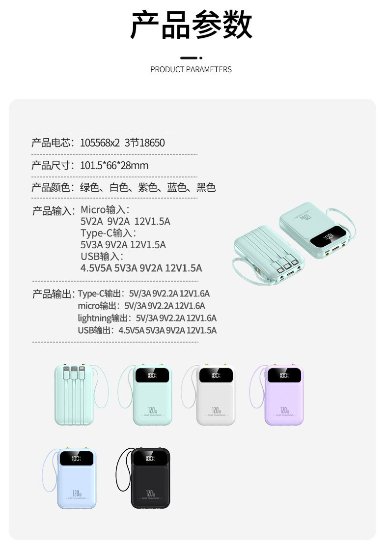 120W超级快充自带线迷你充电宝3C认证20000毫安移动电源定制logo详情20