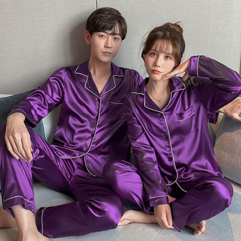 A wholesale set of short-sleeved couple pajamas for spring and autumn, featuring solid ice silk color faux silk for both men and women, can be worn as outerwear for home wear pic 23