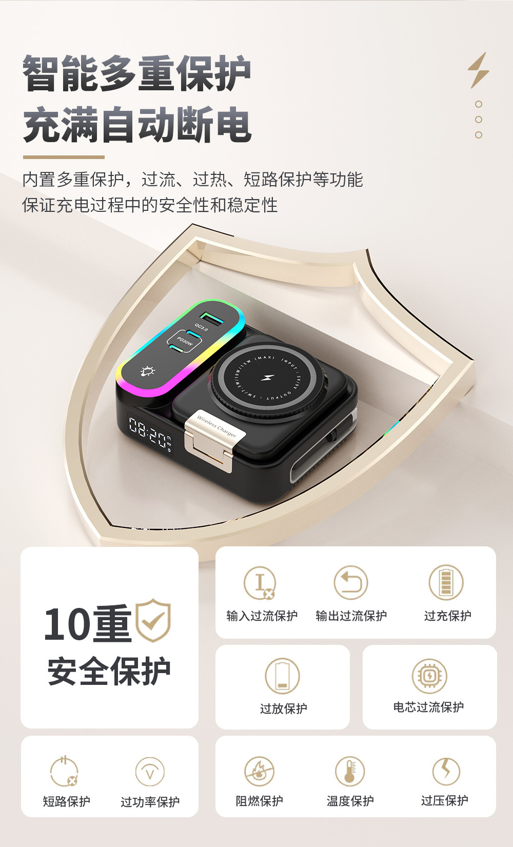 多功能Magsafe无线充电器内置伸缩线 数显时钟折叠无线充支架多口详情12