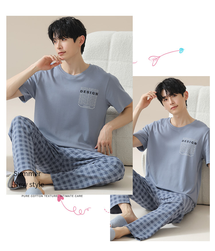 Summer pure cotton pajamas for men, cartoon casual short-sleeved shirts and long pants, pure cotton comfortable home wear, summer youth student set pic 141
