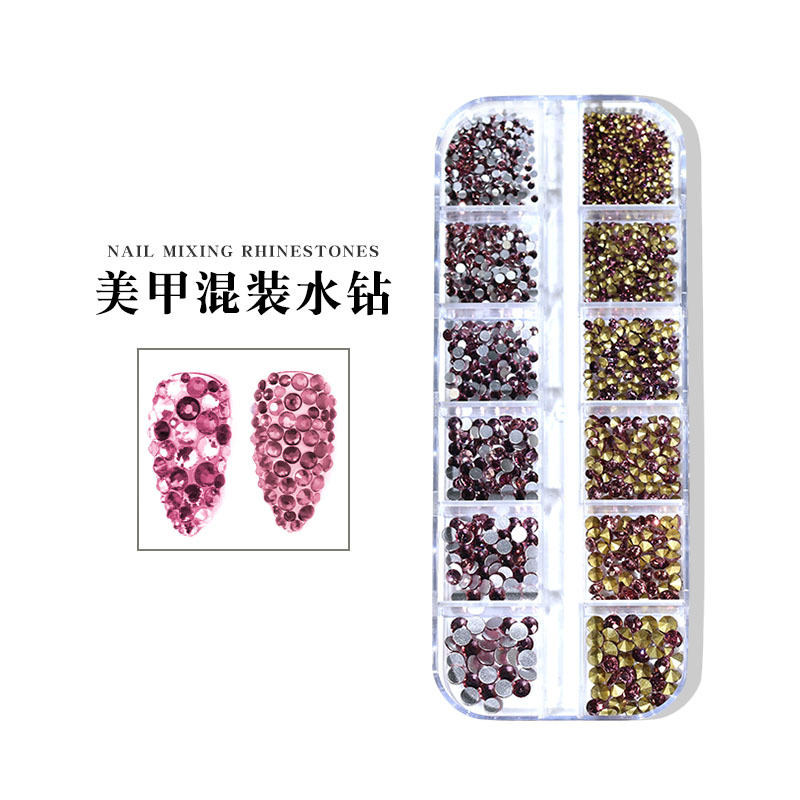 跨境美甲玻璃水钻超闪彩色白色平底钻AB尖底大小混装钻饰12格盒装详情12
