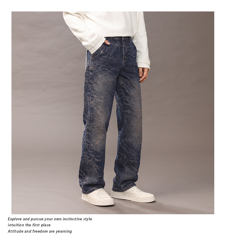 Trendy wavy straight-leg jeans for men, high street washed slightly loose long pants for men 2025 pic 6