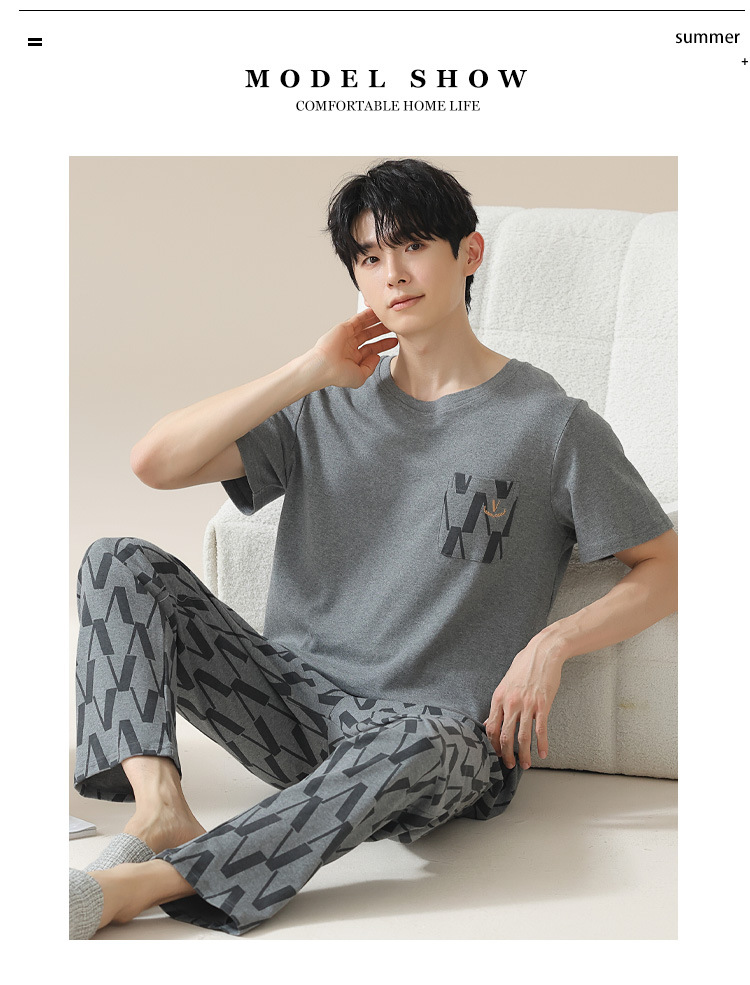 Summer pure cotton pajamas for men, cartoon casual short-sleeved shirts and long pants, pure cotton comfortable home wear, summer youth student set pic 94