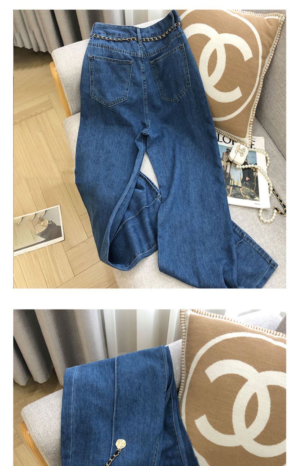 2025秋季新款蓝色设计感小众牛仔裤女韩版高腰显瘦百搭直筒阔脚裤详情3