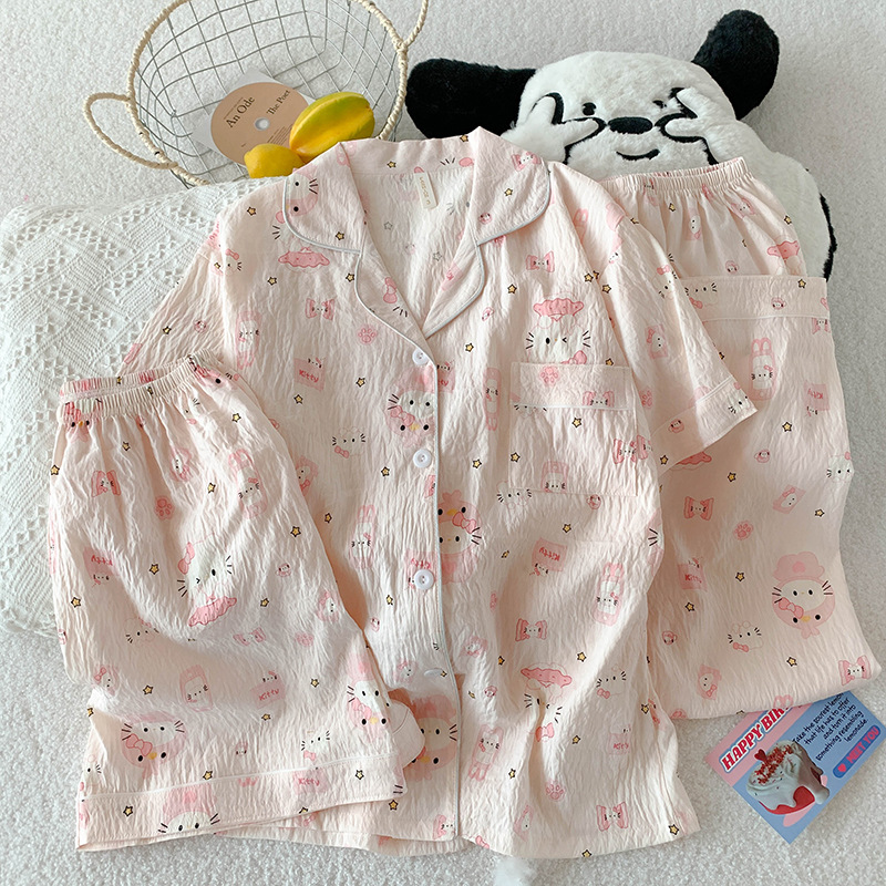 三件套-夏季新款女睡衣云朵棉短袖长裤甜美卡通家居服套装直播款详情4