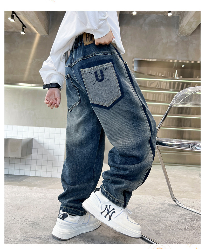 男童裤子秋冬款2024新款中大童直筒帅气男孩儿童冬装加绒牛仔裤冬详情5