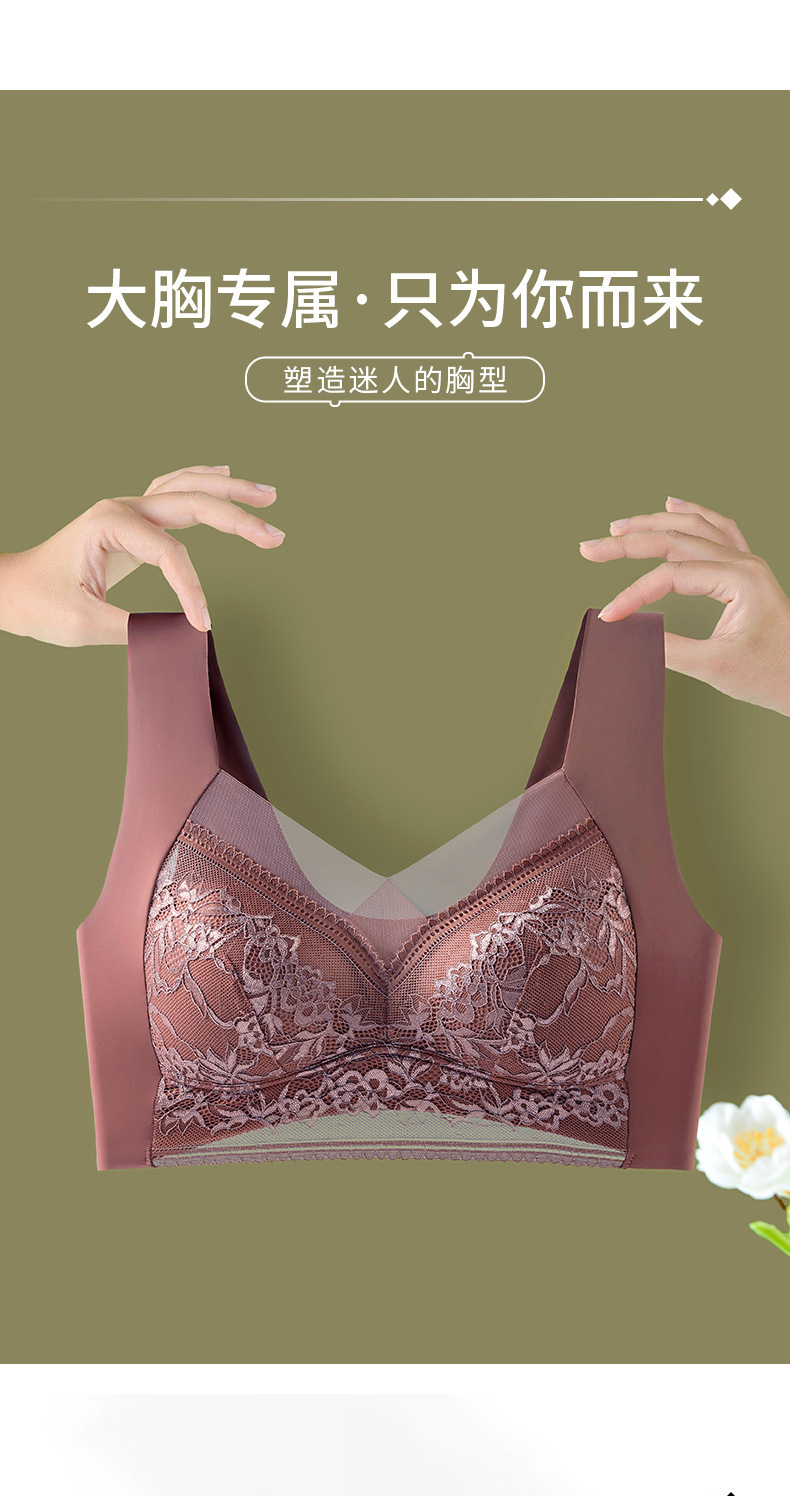 跨境蕾丝大码背心无痕冰丝聚拢透气薄款文胸美背大胸显小固定内衣详情3