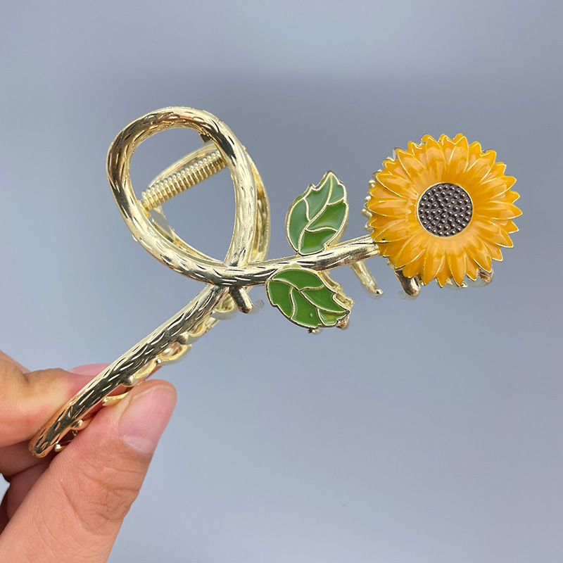跨境新款滴油向日葵金属抓夹高级感花朵发夹后脑勺盘发鲨鱼夹发饰详情3