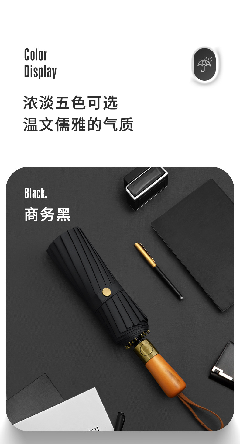 三折16骨自动古铜拉丝手柄晴雨遮阳伞黑胶防晒商务太阳伞一件代发详情21