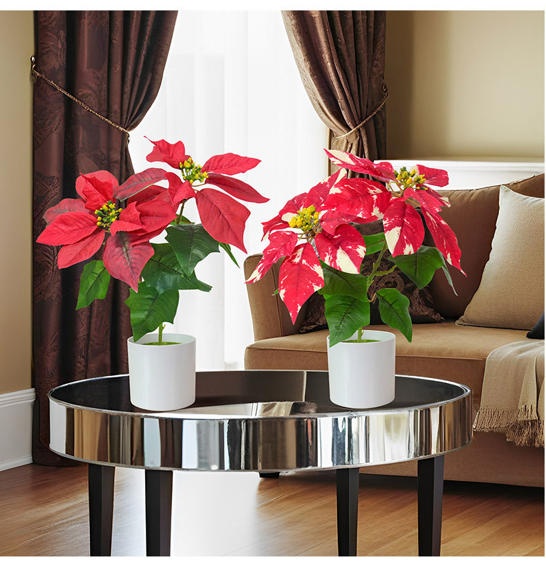 Cross-border new faux Christmas flower potted plants, golden desktop ornaments, home decoration 3D printed poinsettias faux flowers pic 5