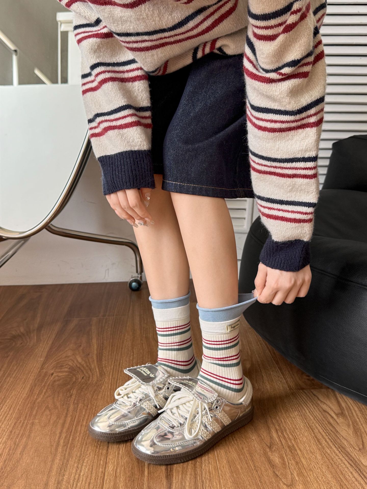 袜子女秋冬撞色布标彩色条纹卷边潮流堆堆袜春秋百搭纯棉中筒袜详情3