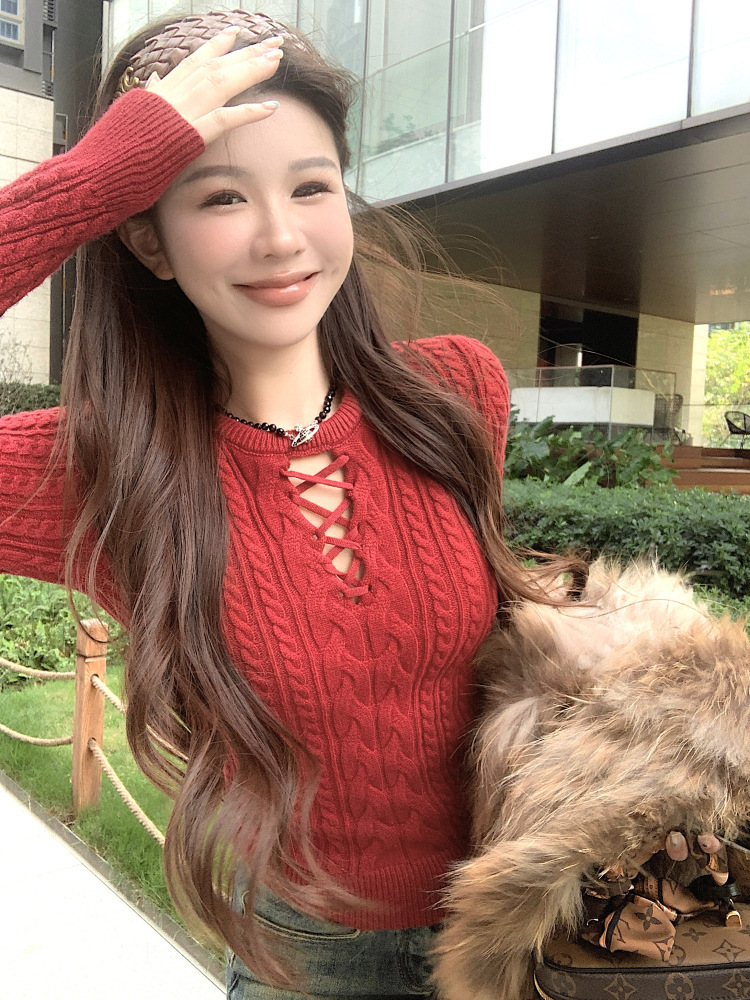 白色圆领镂空针织衫女秋冬修身长袖麻花毛衣打底内搭辣妹紧身上衣详情16