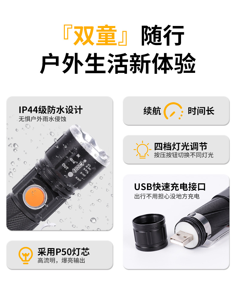 跨境P50内置锂电手电筒强光远射尾部磁铁隐藏USB直充户外便携家用详情4