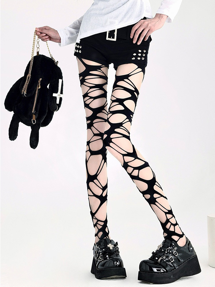 大码黑色性感破洞薄款丝袜不规则个性辣妹防勾丝镂空踩脚打底袜详情3