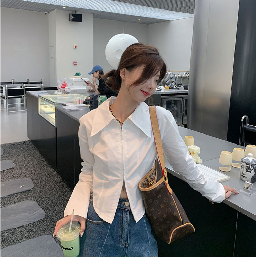法式气质拉链白色衬衫女春季设计感短款别致上衣内搭打底长袖衬衣详情11