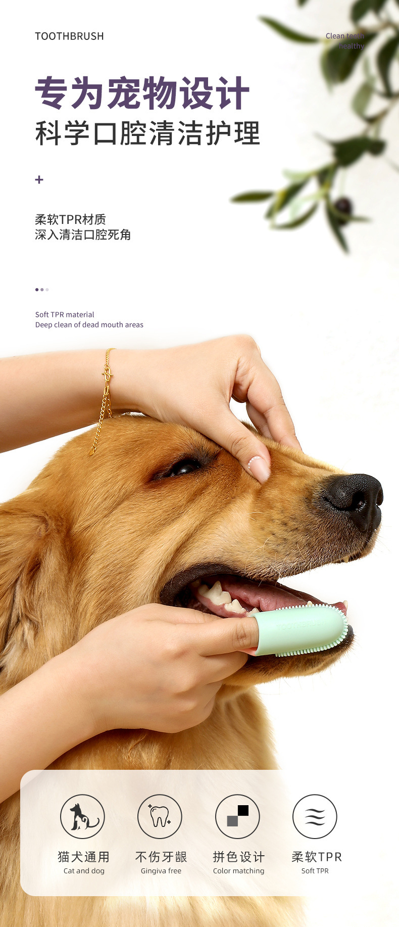 Cross-border pet toothbrush, finger toothbrush with handle, soft rubber teeth cleaning brush, dog and cat oral cleaning tools pic 1