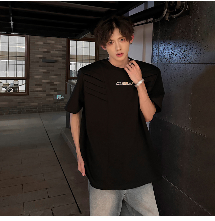 European and American high street original design sense T-shirt for men, multi-layered structure shoulder pad short-sleeved, summer American-style heavy half-sleeved pic 11