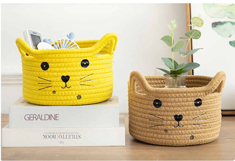Cross-border cat cartoon cotton thread woven desktop storage basket remote control, miscellaneous and cosmetic storage box, storage basket, environmentally friendly and durable pic 8