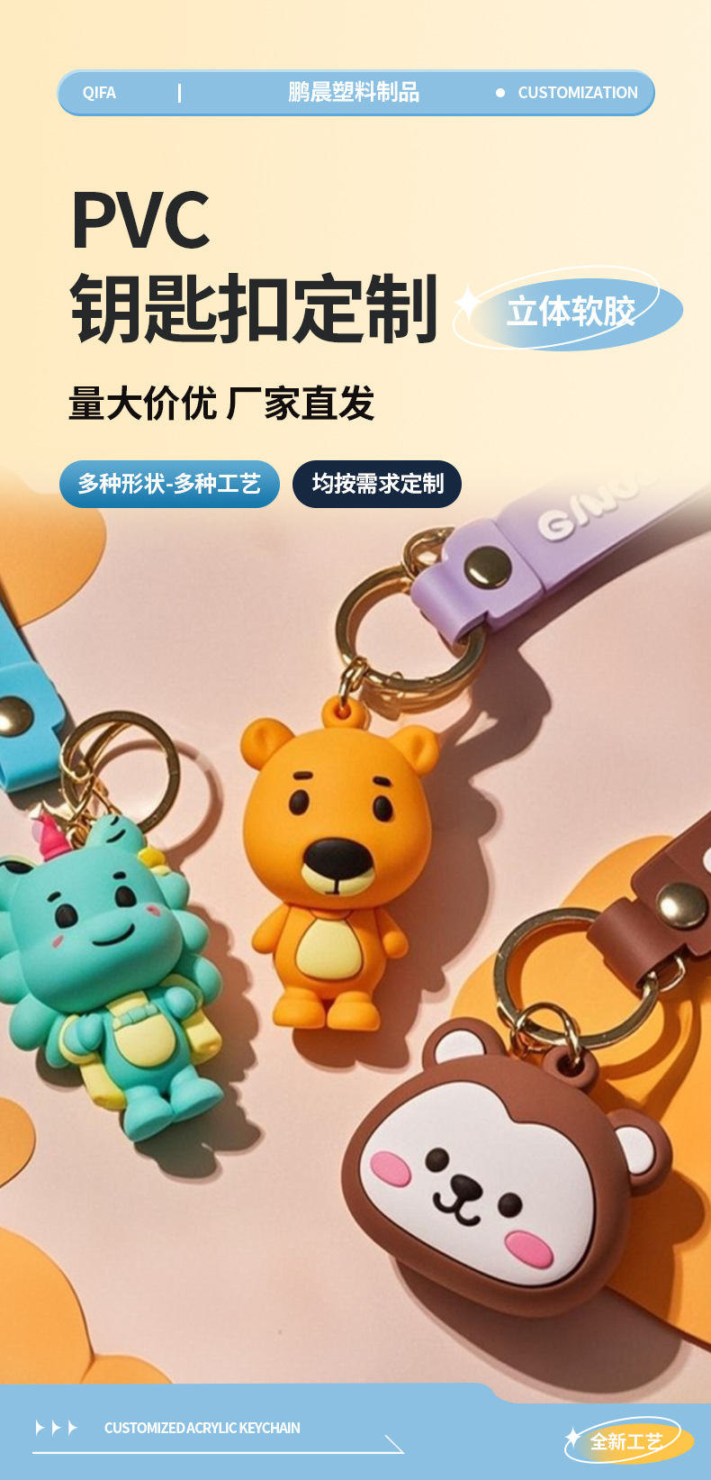 High-end custom cute cartoon mascot keychains, PVC soft rubber silicone decorative keychains, car keys pic 2