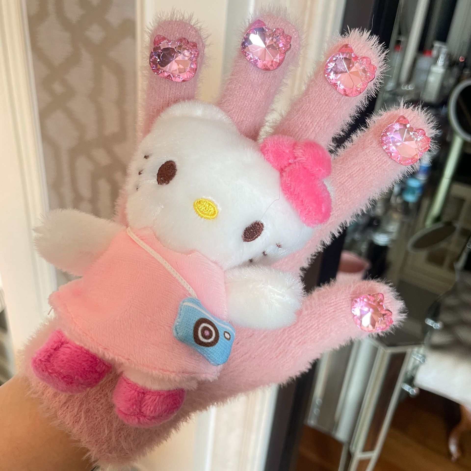 HelloKitty water diamond cute plush gloves for autumn and winter, Kitty Cat doll, warm knitted five-fingered gloves for girls pic 25