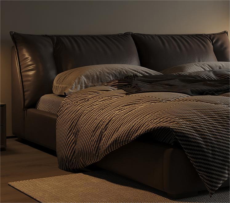 意式极简真皮床头层牛皮榻榻米床主卧羽绒软包床2*2米大床双人床详情5