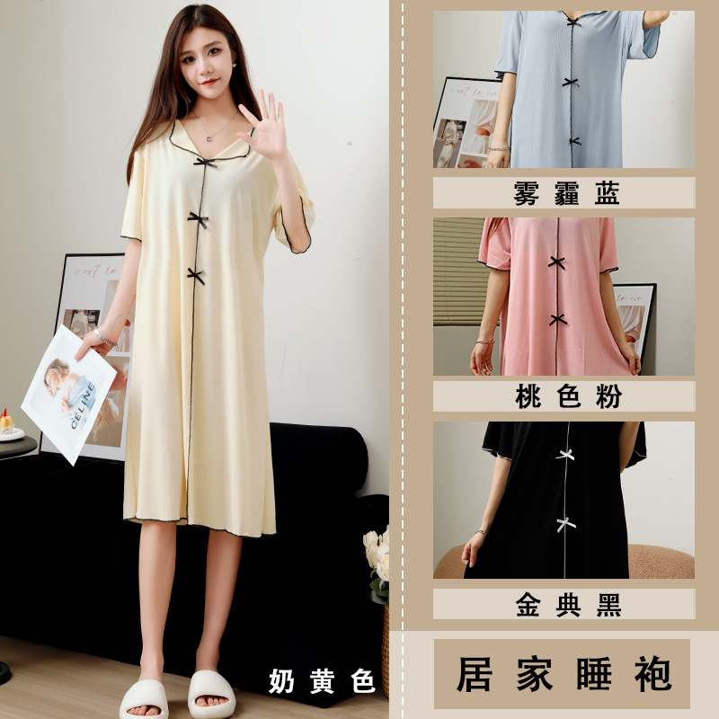 现货连体仙女风冰丝新款裙子螺纹翻领短袖睡裙女连衣裙宽松家居服详情7