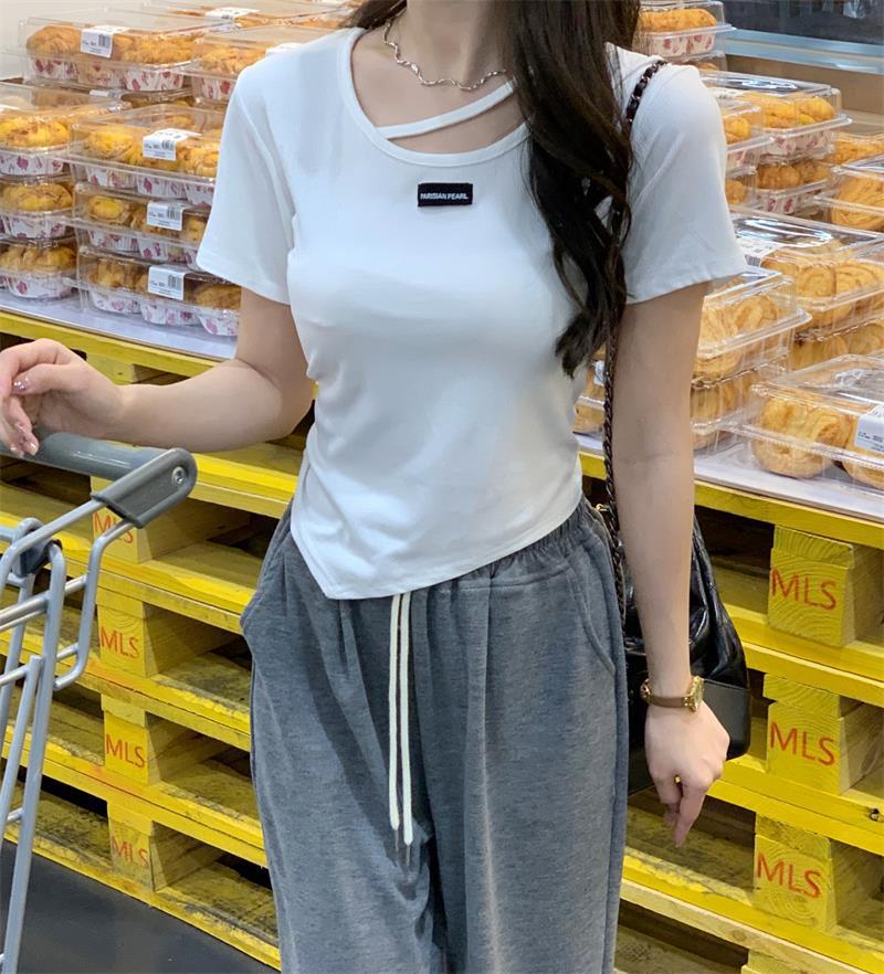 不规则设计感短袖T恤女夏季韩版2023新款辣妹风欲白色打底上衣详情22