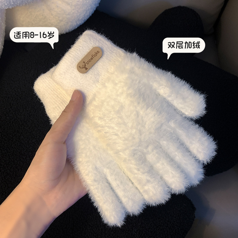 手套冬季韩版加绒加厚保暖防风防寒毛线针织双层分指学生户外骑行详情1