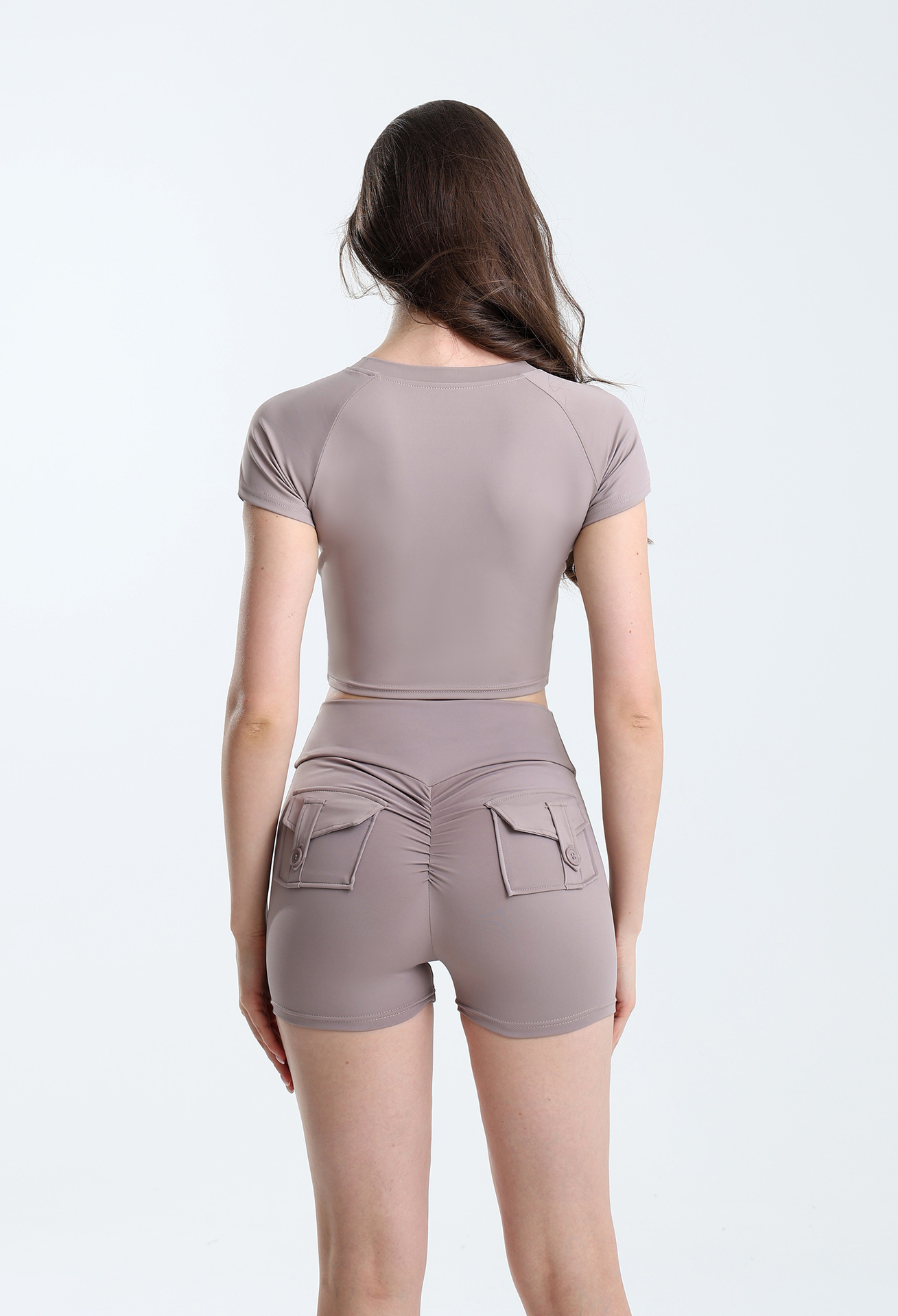 Cross-border European and American sports yoga wear set, Pilates yoga top, high-waisted tight hip-lifting pocket yoga shorts pic 6
