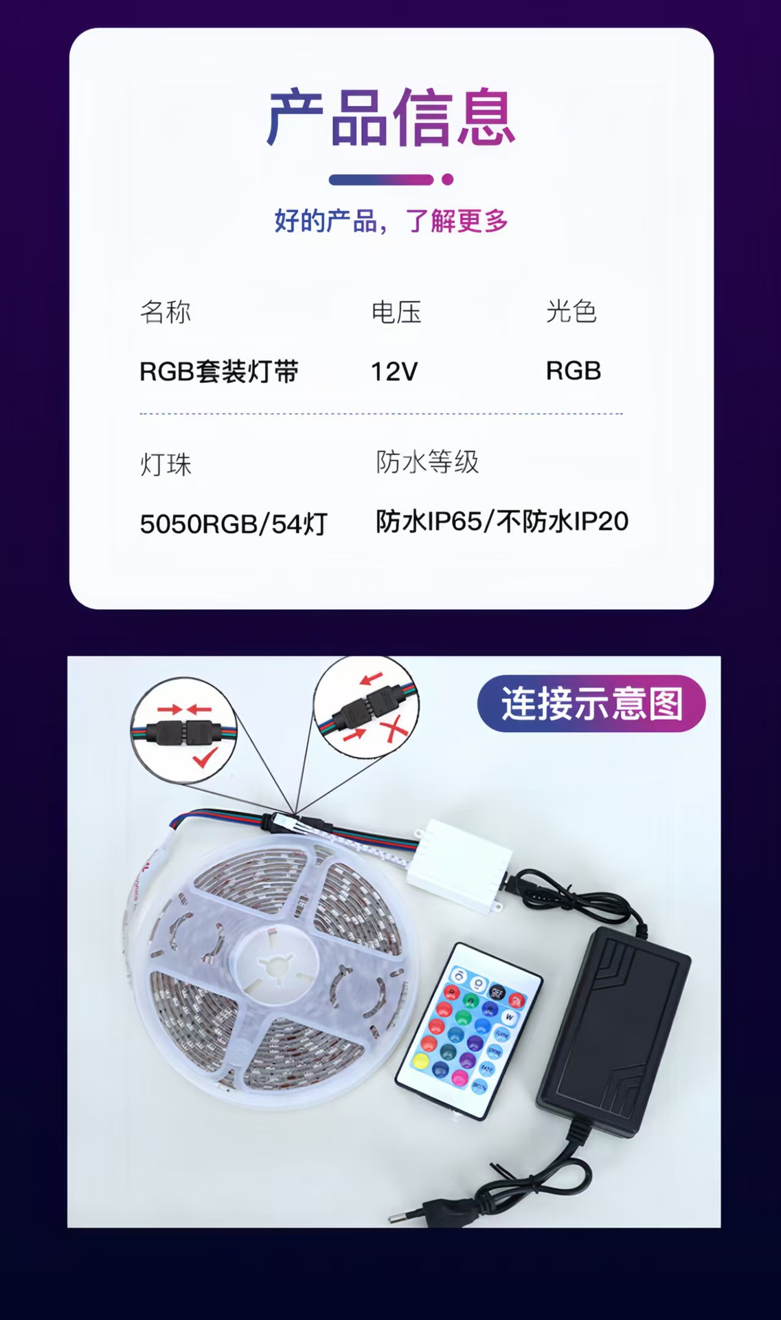 跨境电商5050RGB灯带套装12V七彩led软灯条低压蓝牙音乐装饰氛围详情10