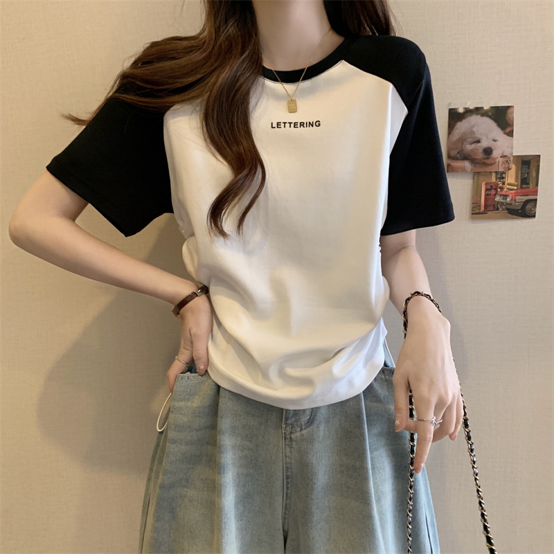 短袖T恤女夏季印花字母打底衫大码显瘦休闲正肩撞色抽绳上衣外穿详情9