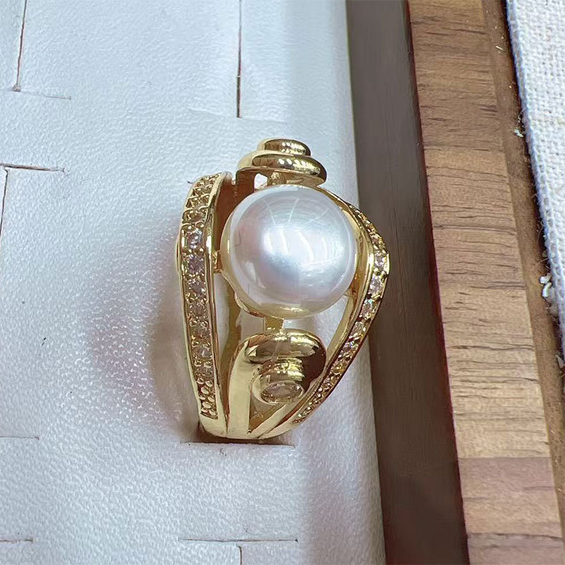 Korean high-end pearl ring, light luxury and niche design, geometric diamond-encrusted round bead, cold style open ring for women pic 4