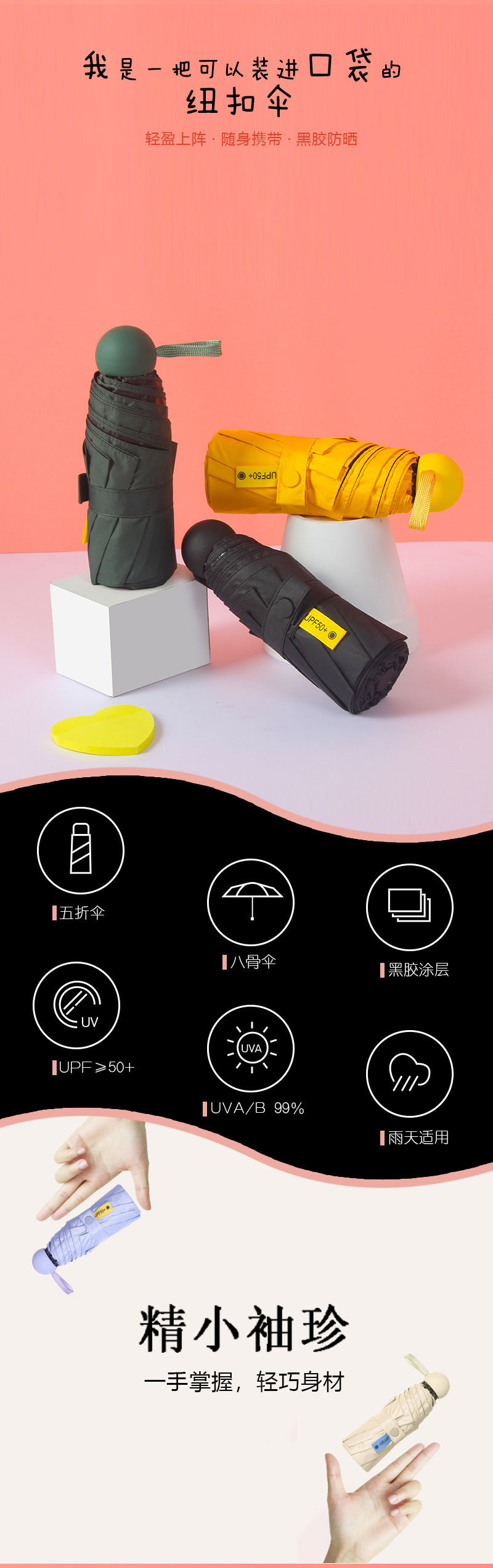 五折胶囊伞防紫外线遮阳伞防晒太阳伞雨伞折叠六骨伞便携晴雨伞详情1