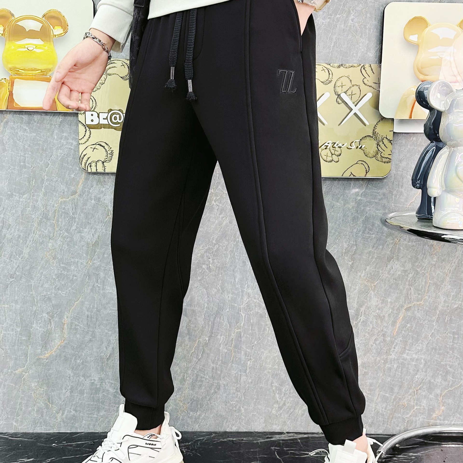 Fleece casual sweatpants for men, spring and autumn loose tight-fitting pants, autumn drawstring stretch knitted sport pants, thickened pic 6