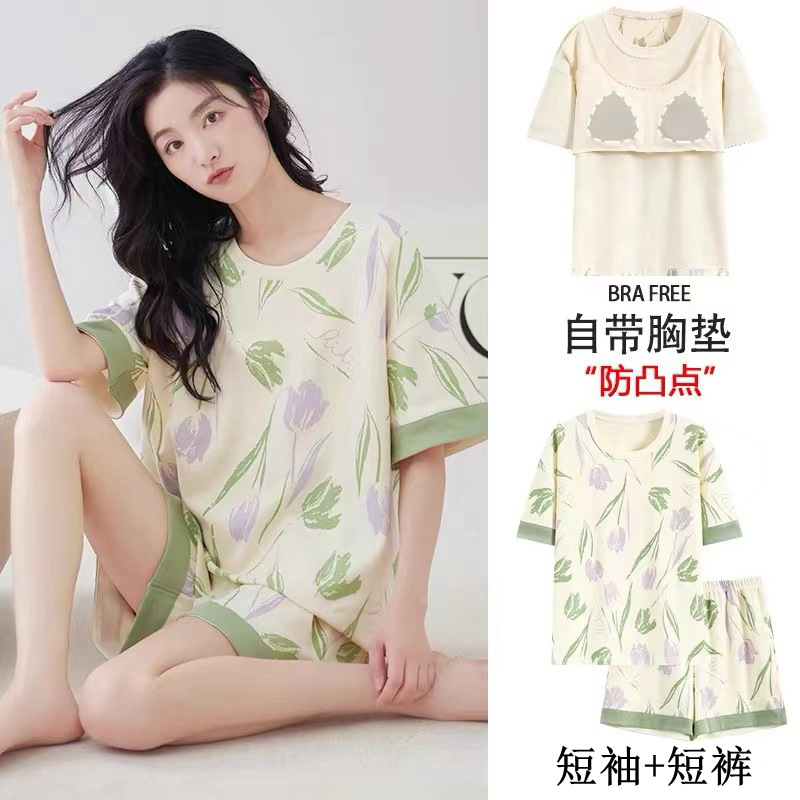 带胸垫睡衣女夏季短袖可外穿家居服两件套装2024新款夏天卡通大码详情7