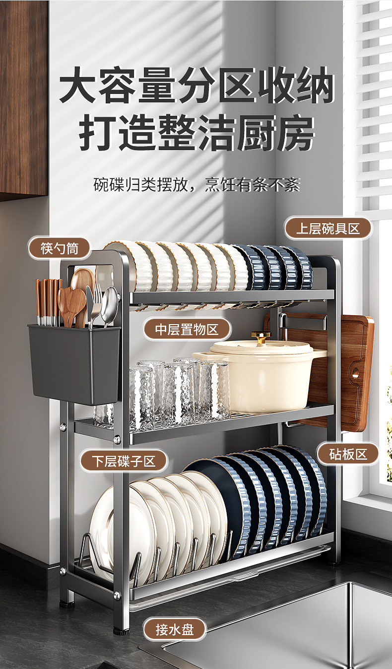 New kitchen bowl and plate draining rack, new bowl and plate storage rack, cutting board and knife rack, kitchen storage rack, countertop multi-functional storage pic 3