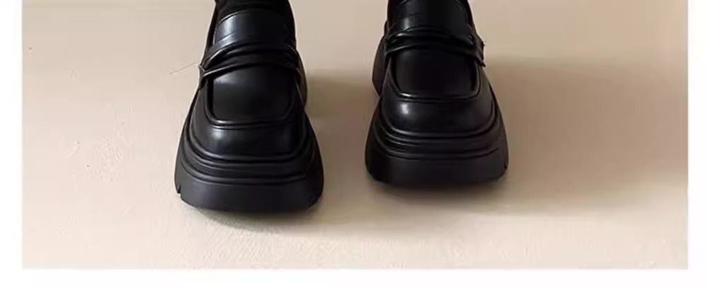 牛皮版~英伦风厚底真皮小皮鞋女复古黑色休闲松糕鞋一脚蹬乐福鞋详情9