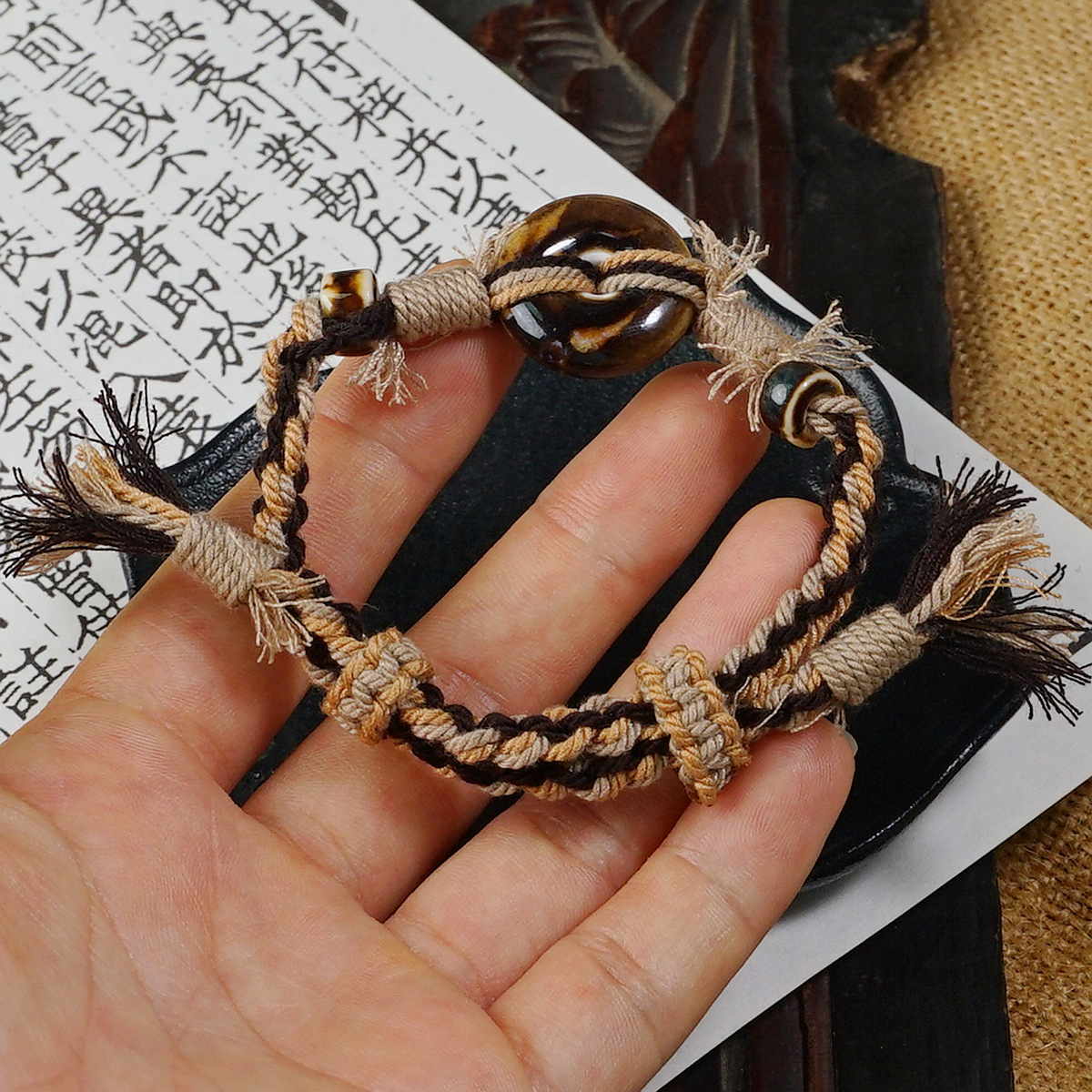 Jingdezhen Ceramic Heavy Industry Rope Weaving Tibetan-style design hand-woven rope safety pendant accessory, the same style as Xiaohongshu bracelet for women pic 2