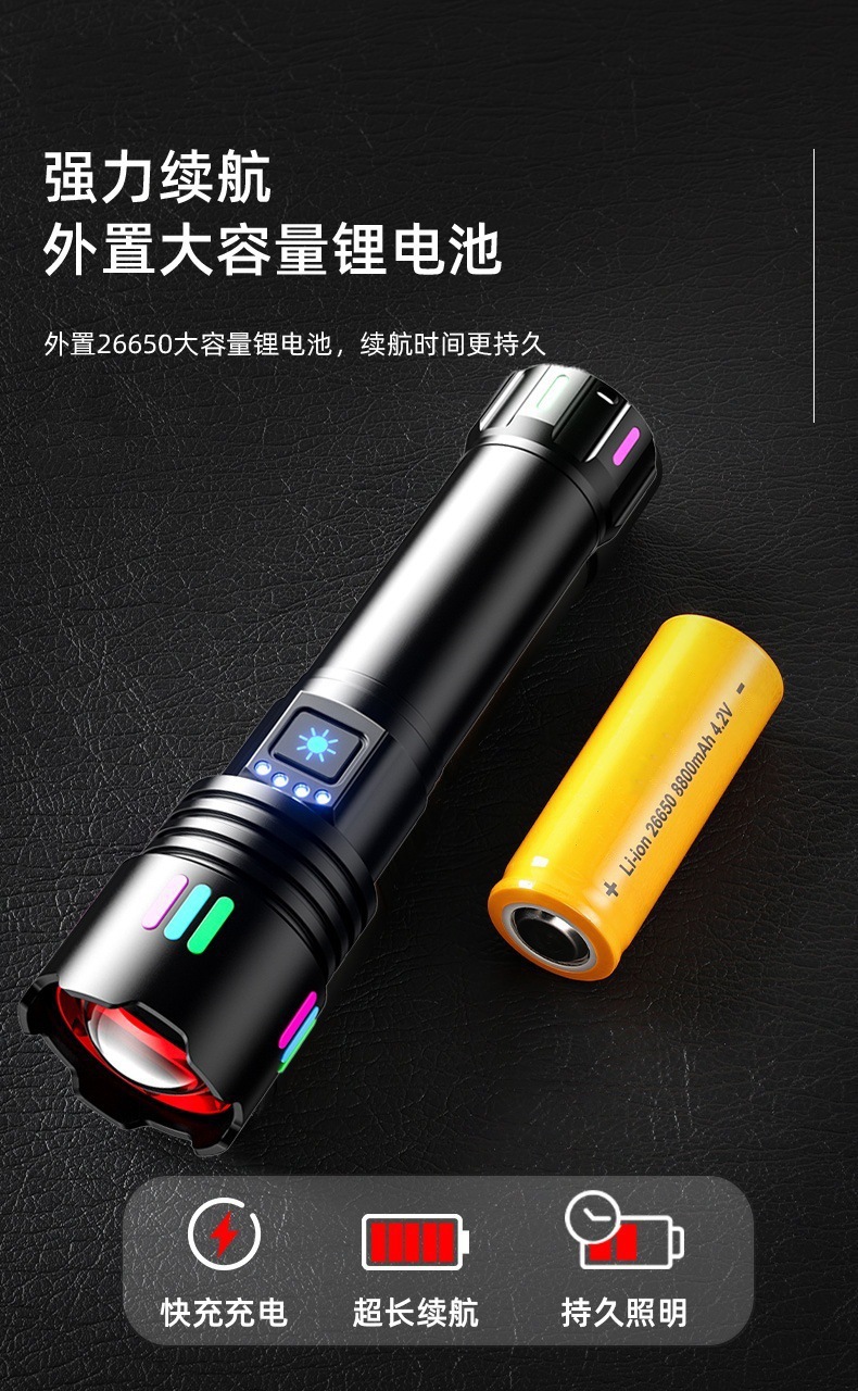 手电筒白激光超亮炫彩荧光新款伸缩变焦充电大功率电显强光远射详情12