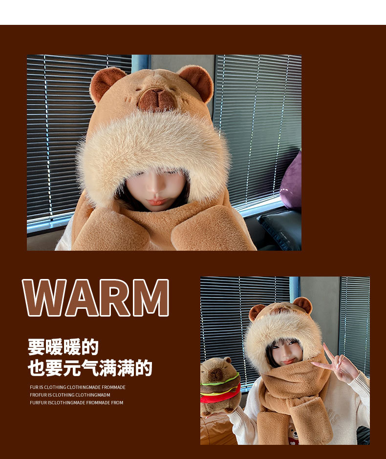 Capibara hat, scarf and Gloves three-piece set, winter windproof and warm plush three-piece adult hat pic 7