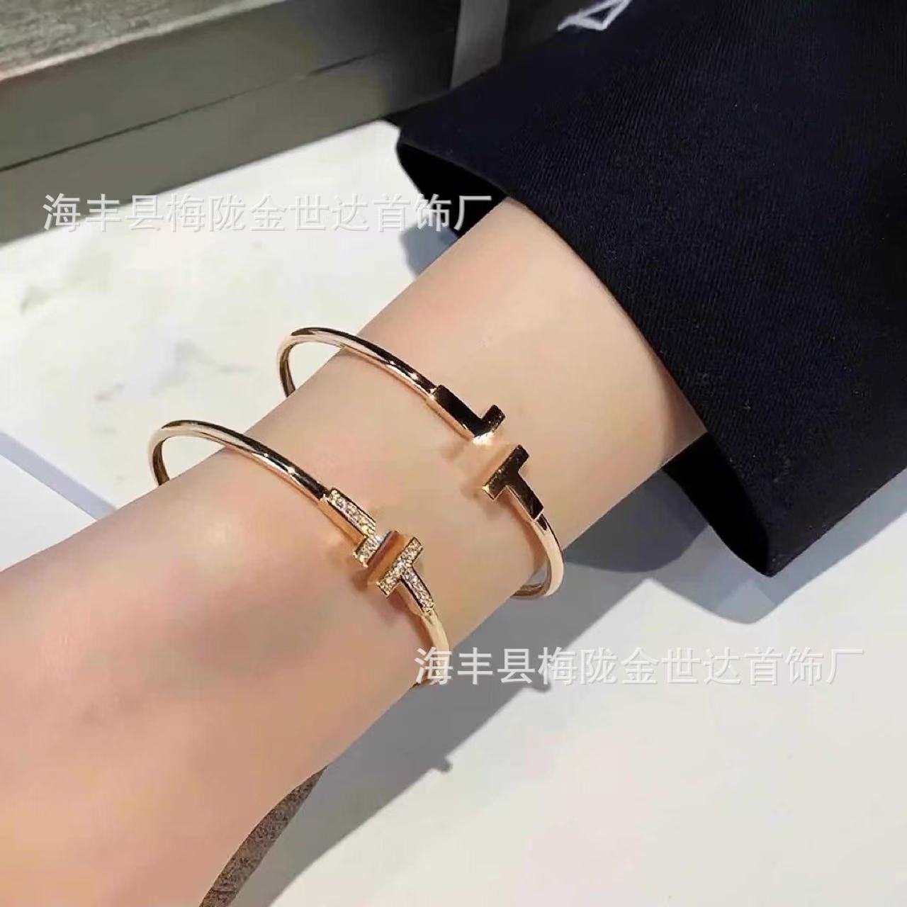 Tijia high-quality double T-band diamond bracelet, high version 18K gold full diamond white mother-of-pearl light luxury high-end couple bracelet pic 1
